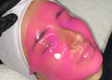 Relaxing pink facial mask at Bows Beauty & Aesthetics, Bognor Regis, England, GB, enhancing skin radiance.