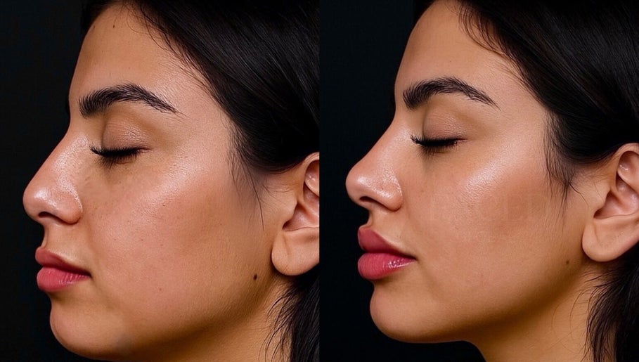 Before and after facial treatment at Faced Global, Manchester, England, GB showing noticeable skin improvements.