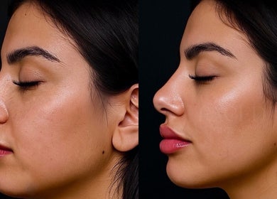 Before and after facial treatment at Faced Global, Manchester, England, GB showing noticeable skin improvements.