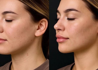Before and after skin treatment at Faced Global, Manchester, England, GB, showcasing smooth glowing skin.