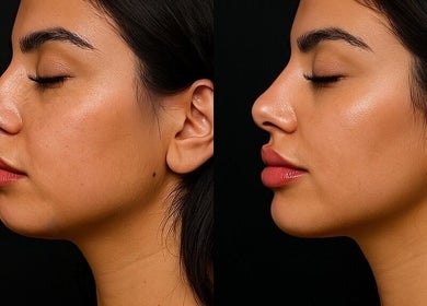 Faced Global in Manchester, England, GB showcases a glowing skin transformation in a side-by-side comparison.