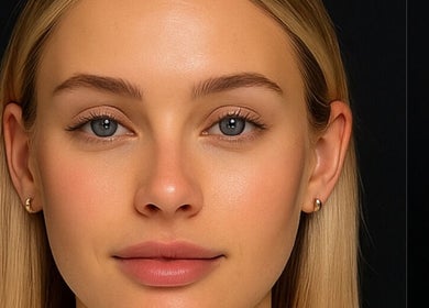 Close-up of a woman's radiant face at Faced Global, Manchester, England, GB showcasing flawless skin.