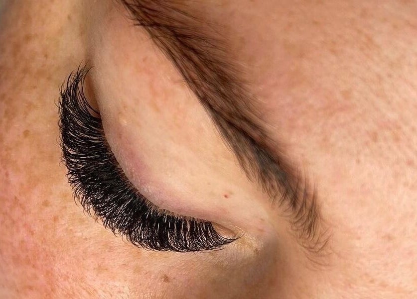 Close-up of eyelash extensions at The Beauté Spot, Ampthill, England, GB, showcasing detailed lash work.