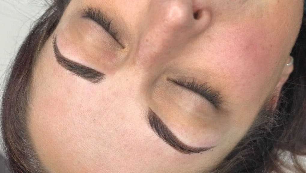 Close-up of eyebrows treated at Nikki Pitt Brows and Permanent Makeup in Bracknell, England, GB.