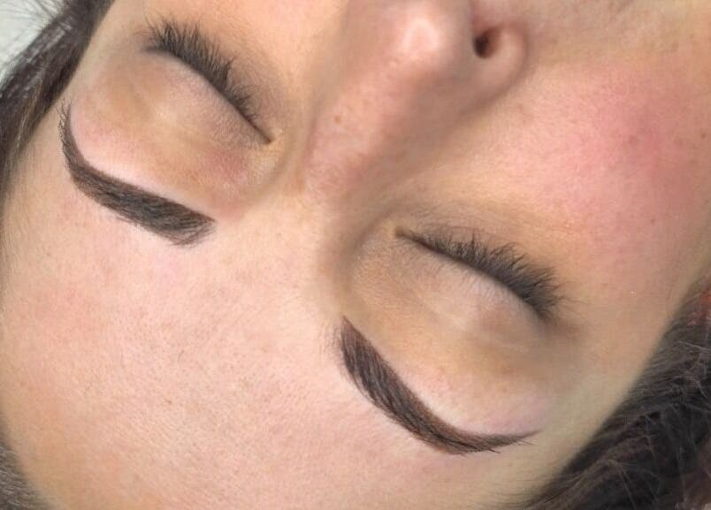 Close-up of eyebrows treated at Nikki Pitt Brows and Permanent Makeup in Bracknell, England, GB.