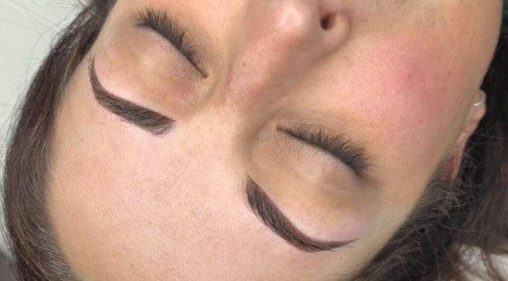 Close-up of eyebrows treated at Nikki Pitt Brows and Permanent Makeup in Bracknell, England, GB.