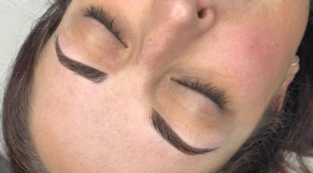 Close-up of eyebrows treated at Nikki Pitt Brows and Permanent Makeup in Bracknell, England, GB.
