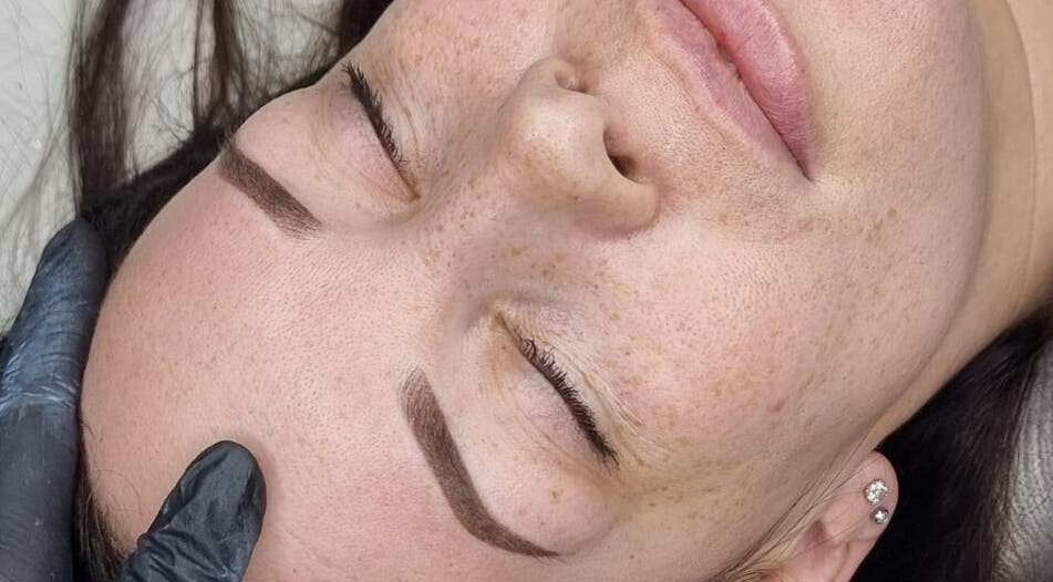 Close-up of permanent eyebrow makeup at Nikki Pitt Brows and Permanent Makeup, Bracknell, England, GB.