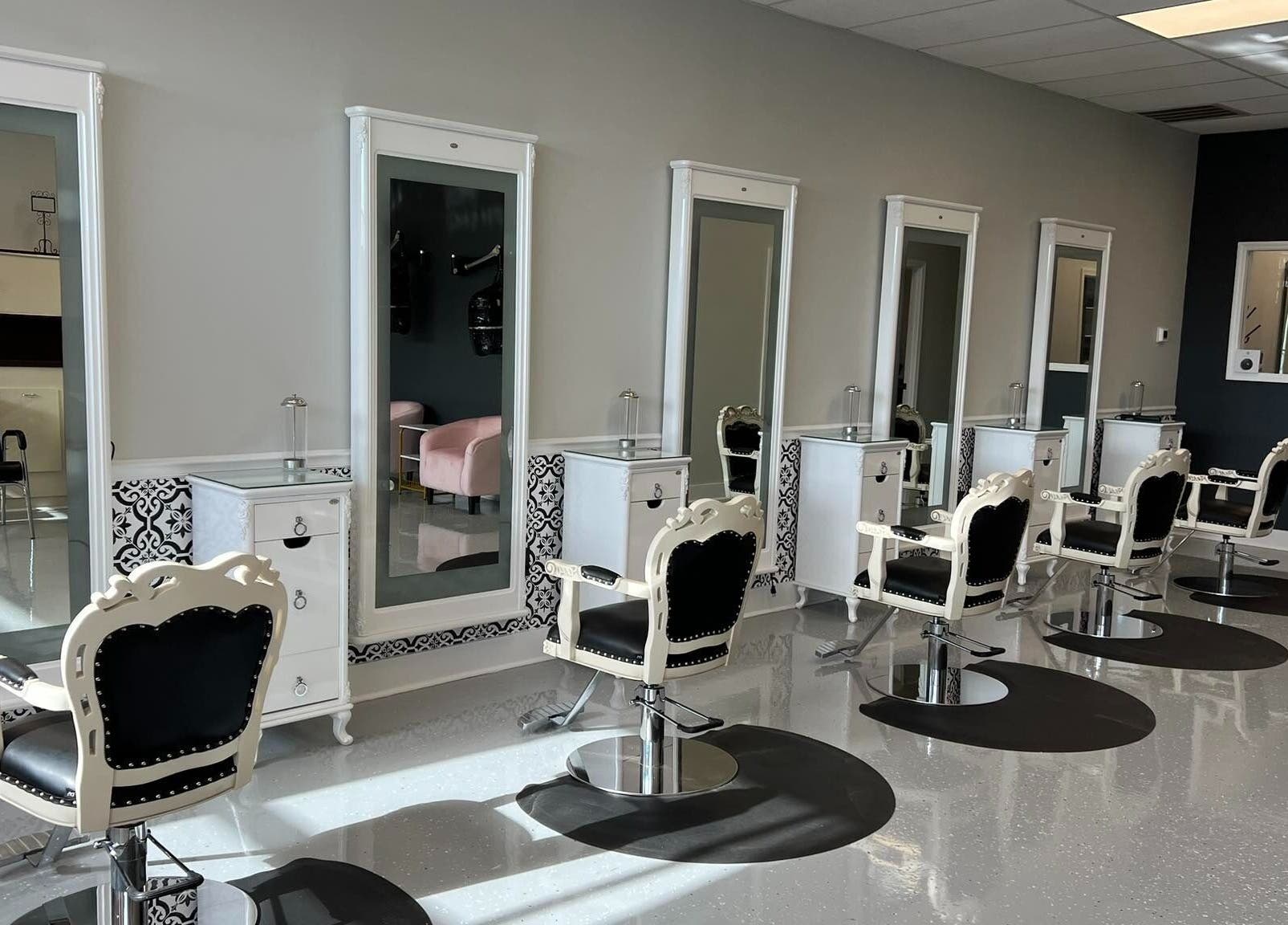 Elegant salon chairs and mirrors at The A Salon and Spa, Lyman, South Carolina, US.