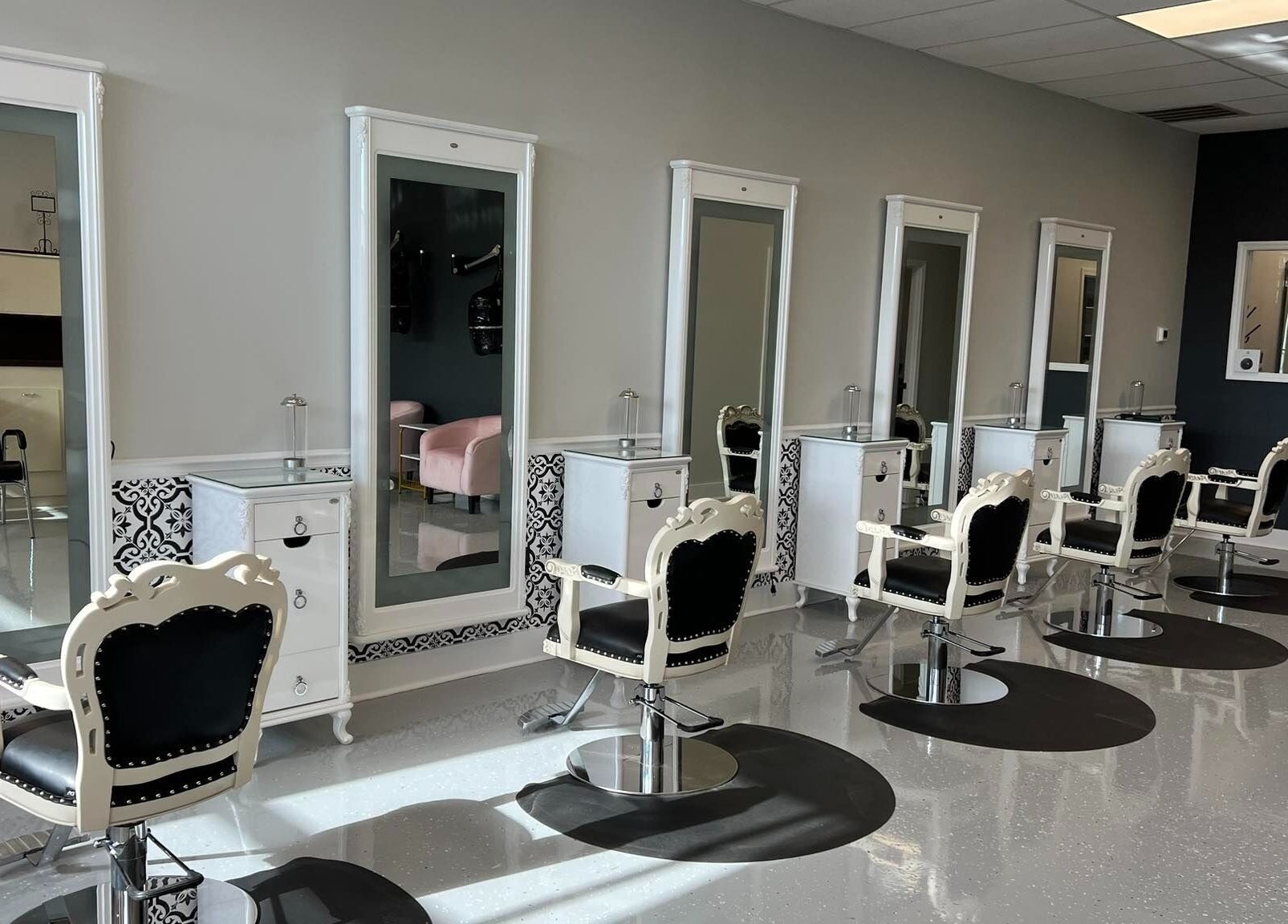 Elegant salon chairs and mirrors at The A Salon and Spa, Lyman, South Carolina, US.