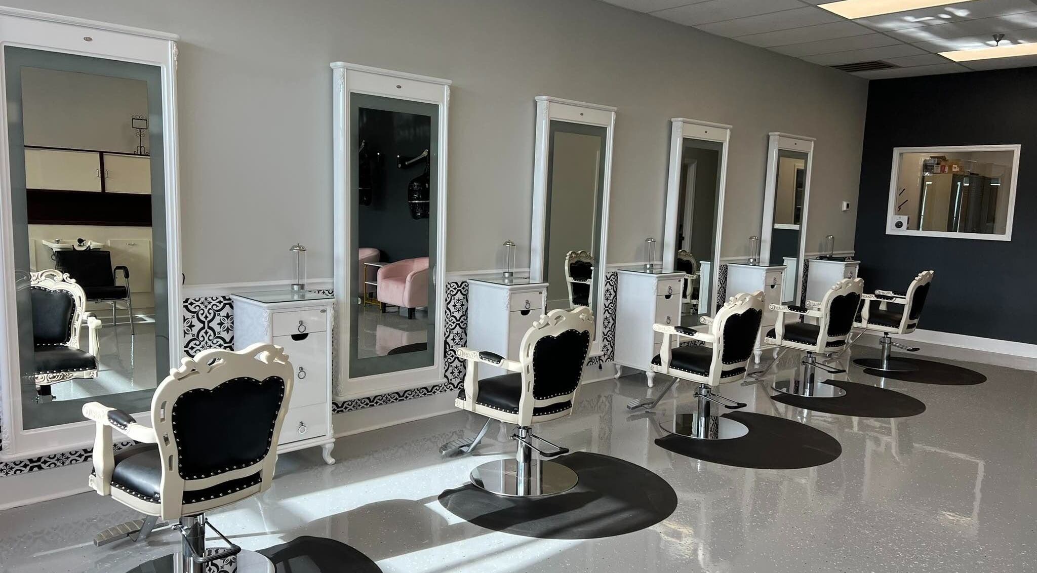 Elegant salon chairs and mirrors at The A Salon and Spa, Lyman, South Carolina, US.