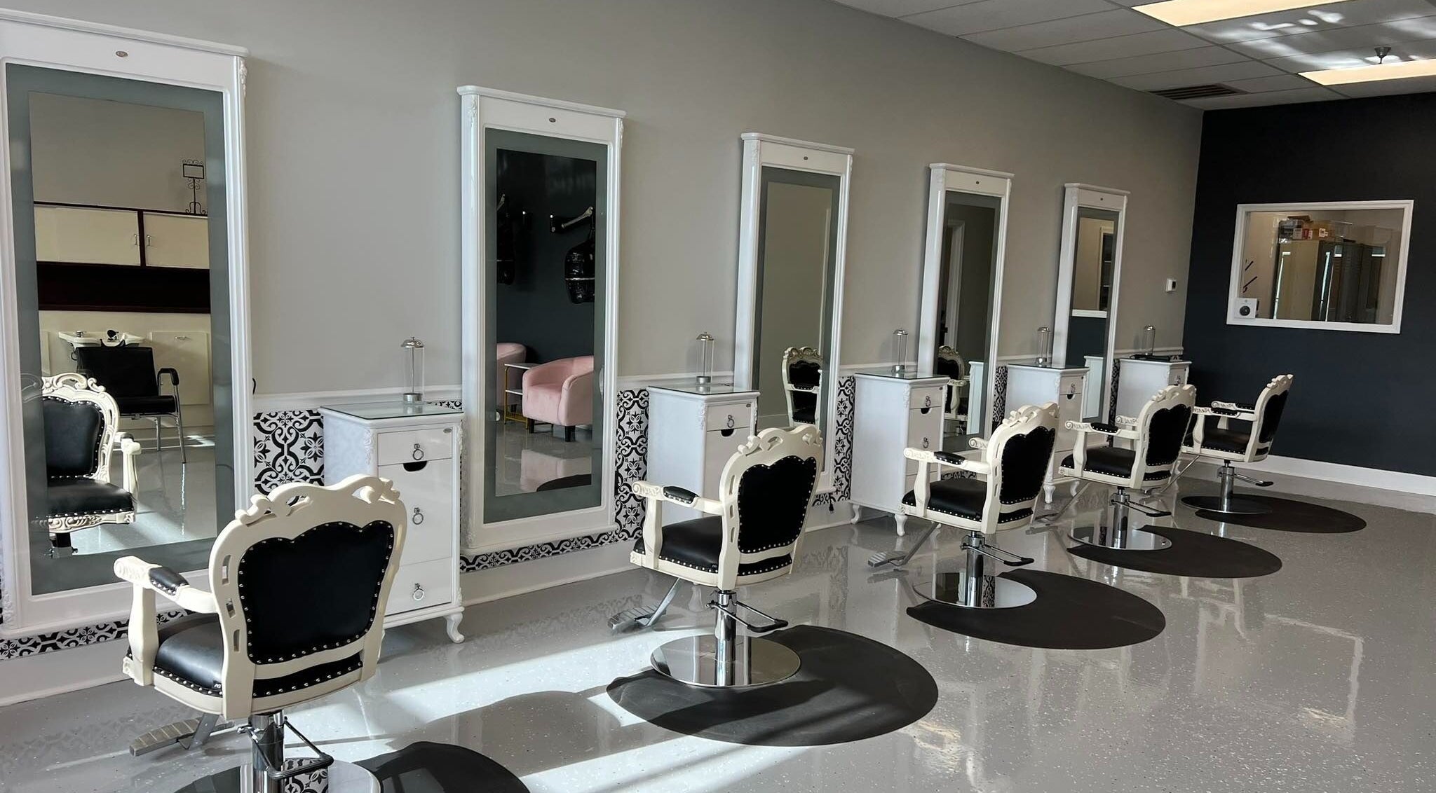 Elegant salon chairs and mirrors at The A Salon and Spa, Lyman, South Carolina, US.