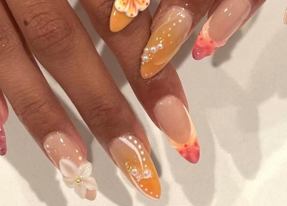 Beautiful floral nail art at Nails By Hineni in Brambleton, Virginia, US.