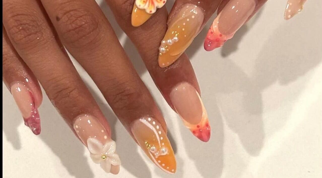 Beautiful floral nail art at Nails By Hineni in Brambleton, Virginia, US.