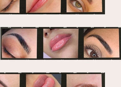 Close-up of enhanced eyebrows and lips at Blade It Babe, South Surrey, British Columbia, CA.