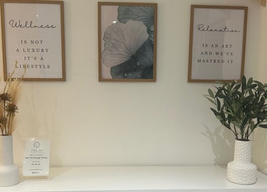 Elegant decor at Nalin Thai Massage Therapy in Derby, England, GB showcasing framed art and potted plants.