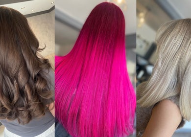 Three vibrant hair styles at Hair by Maddie B, showcasing diversity in Marple, England, GB.