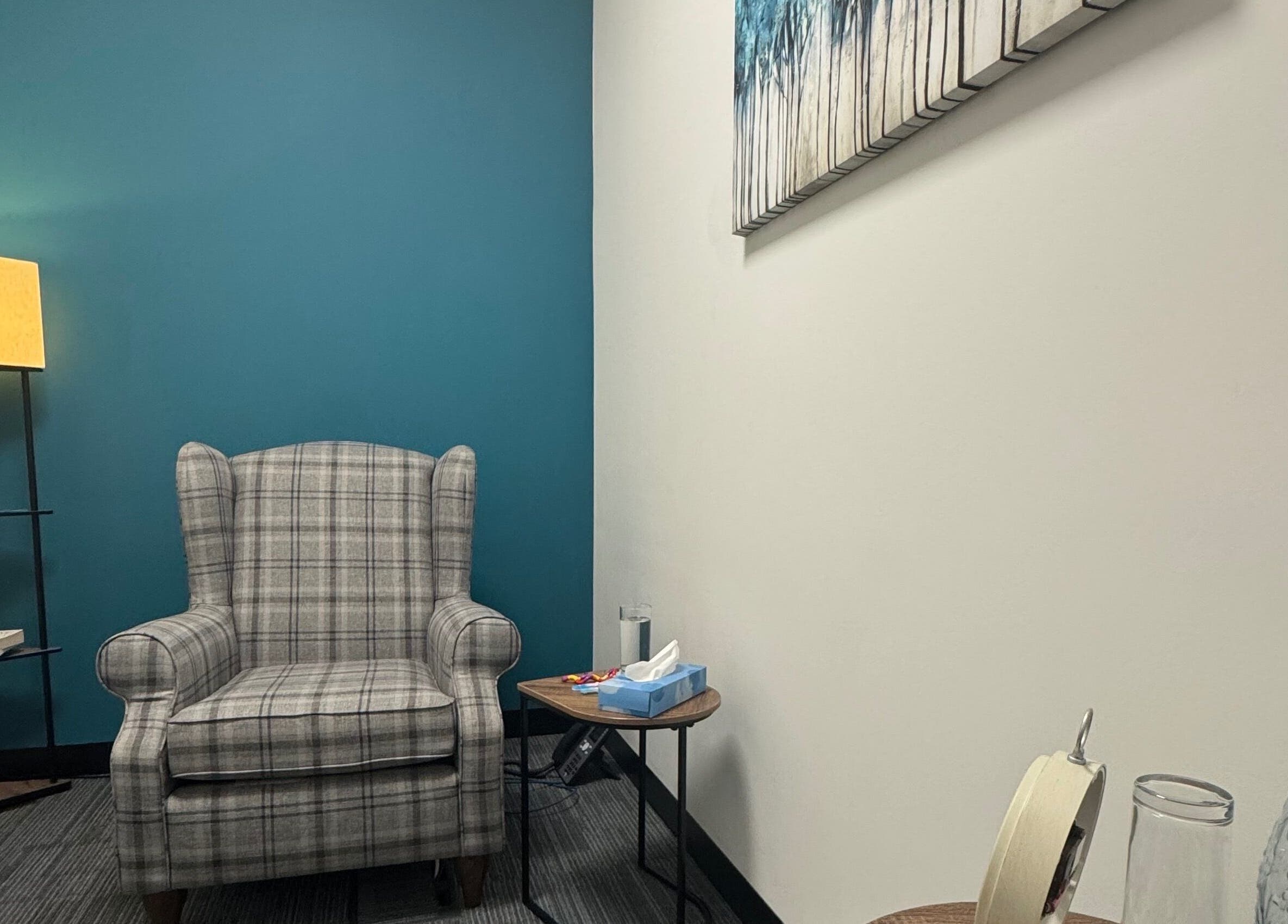 Cozy counselling room at Emily Nicholls Counselling, Stoke-on-Trent, England, GB. Features a comfy armchair.