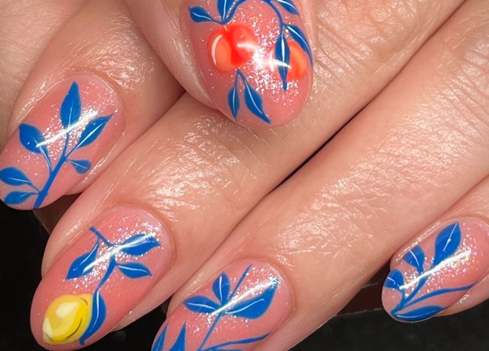 Elegant floral nail design at Nail Design by Megan, Fenelon Falls, Ontario, CA.