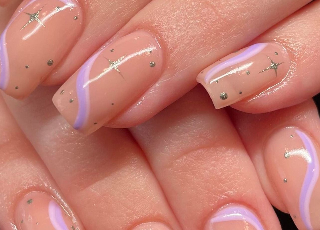 Elegant nail art with lavender swirls and silver stars by Nail Design by Megan, Fenelon Falls, Ontario, CA.