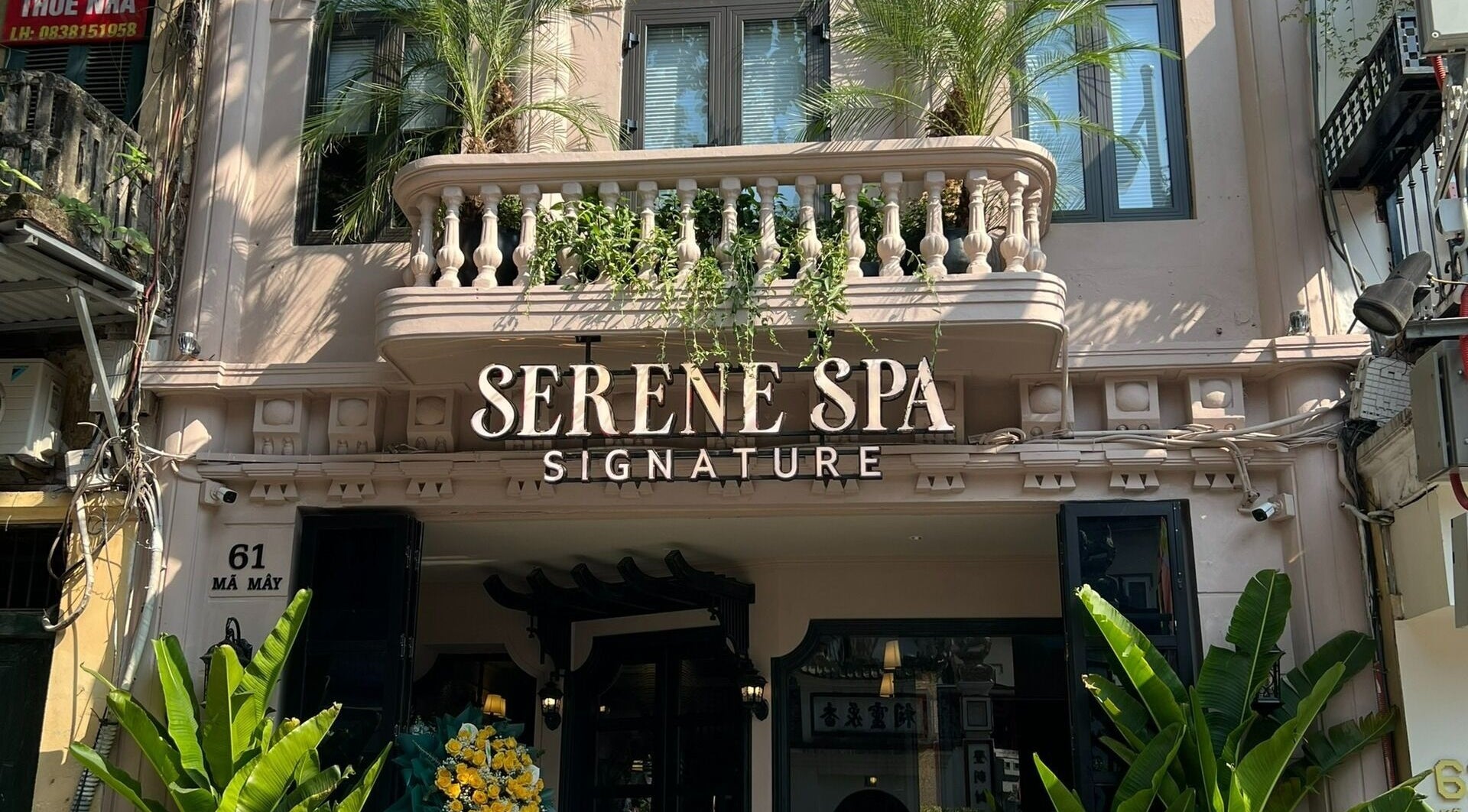 Front view of Serene Signature Spa at 61 Mã Mây, Hà Nội, VN showcasing elegant architecture.