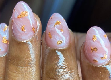 Manicure with pink and gold foils at For Love & Lemons | The Nail Studio, Neils, Saint Michael, BB.