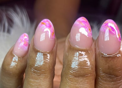 Vibrant pink marble nails at For Love & Lemons | The Nail Studio, Neils, Saint Michael, BB.