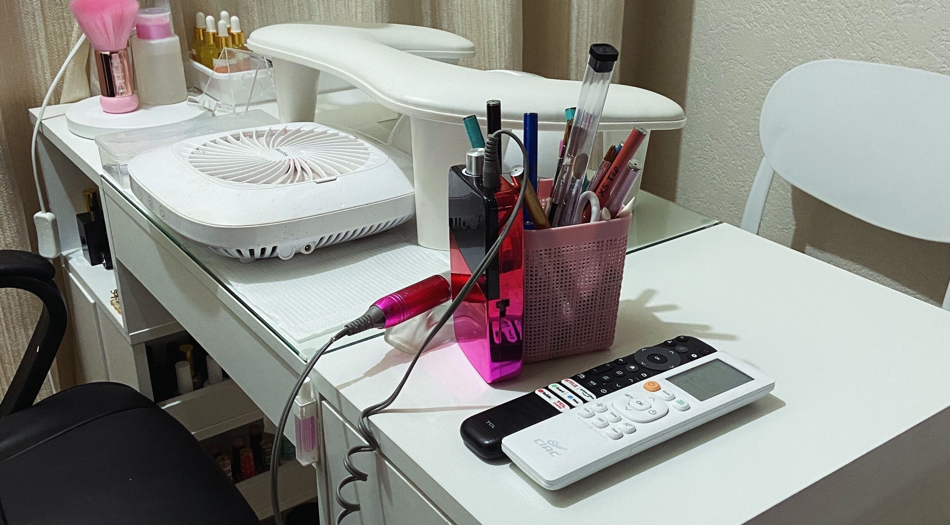 Nail station setup at For Love & Lemons | The Nail Studio, Saint Philip, BB featuring tools and equipment.