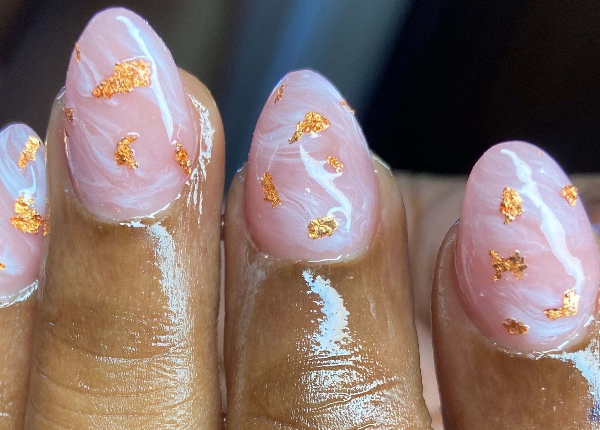 Delicate pink nails with gold leaf design at For Love & Lemons | The Nail Studio, Saint Philip, BB.