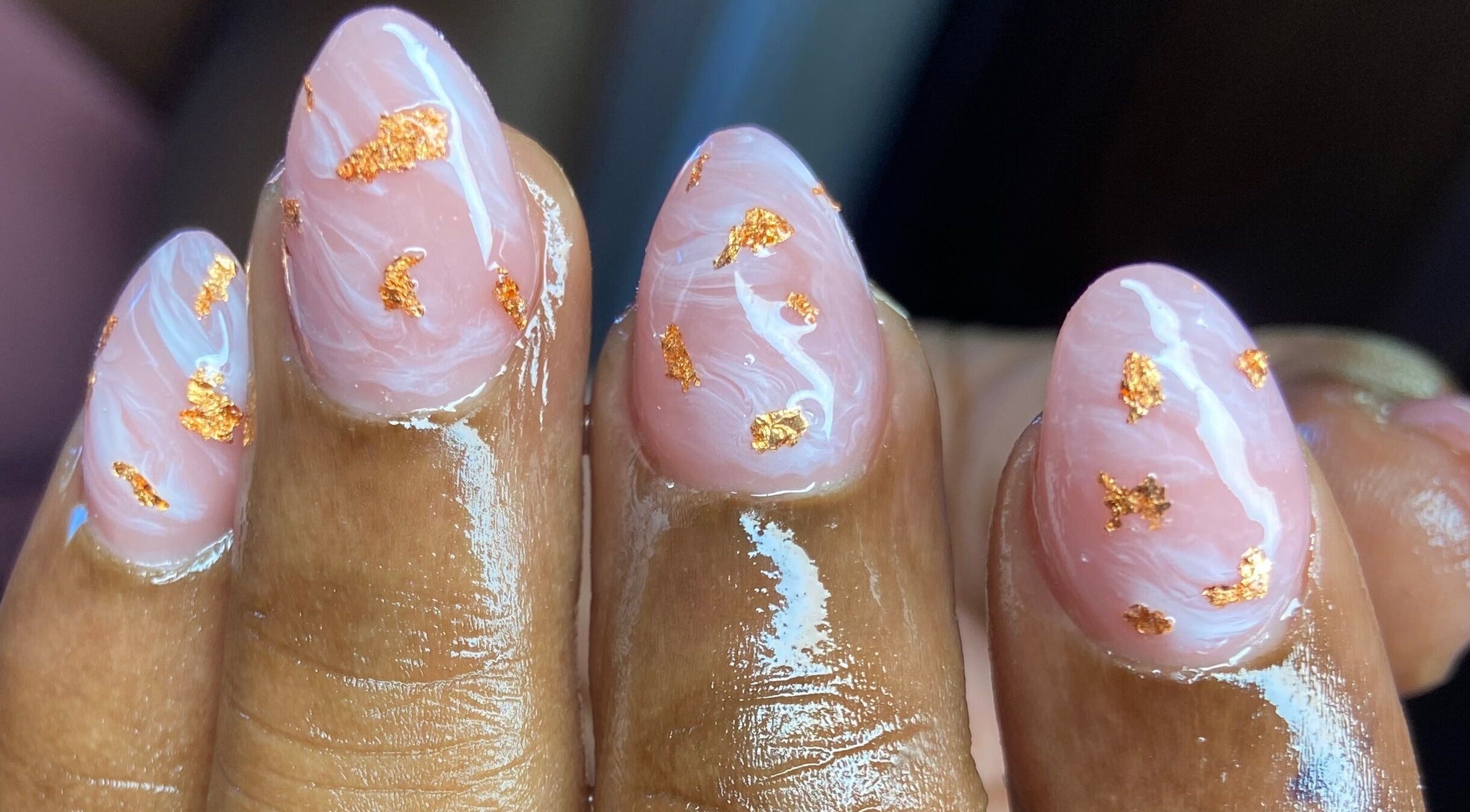 Delicate pink nails with gold leaf design at For Love & Lemons | The Nail Studio, Saint Philip, BB.