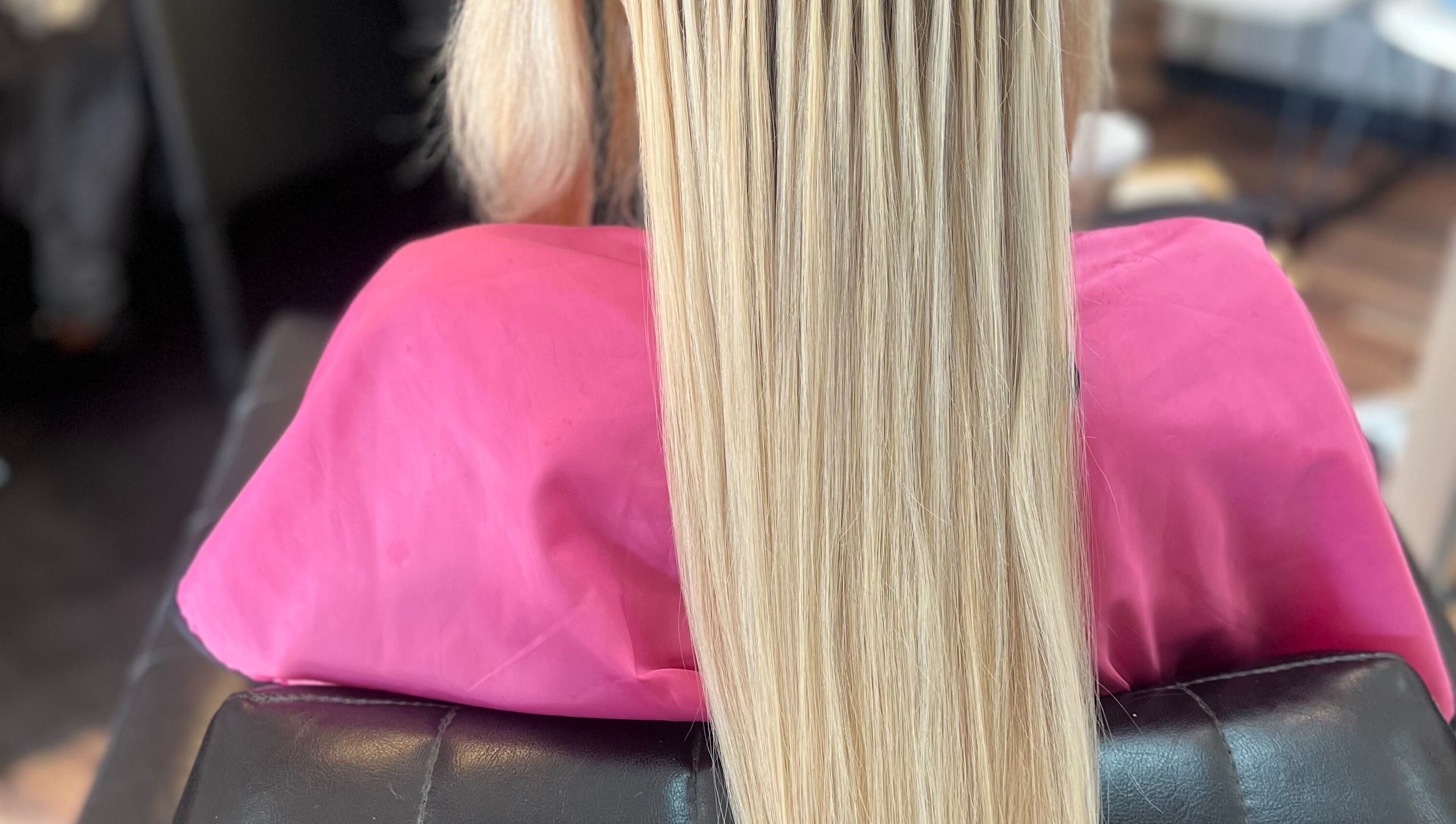 Smooth blonde hair styled at Jazz at Blue Hair Vibes Studio, Temecula, California, US.