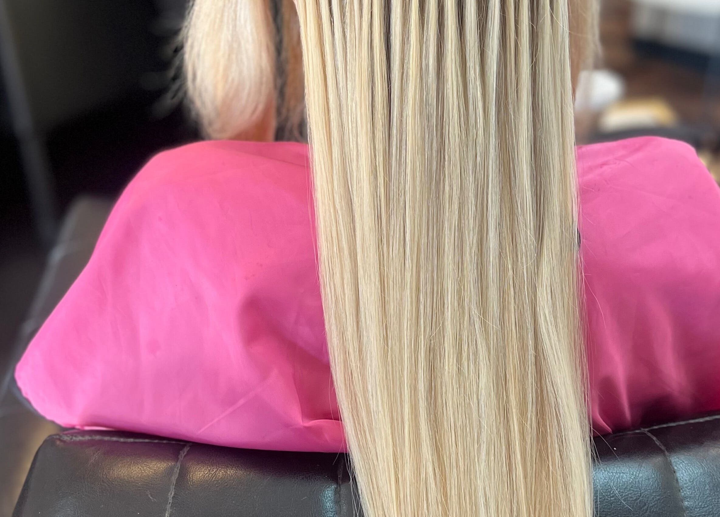 Smooth blonde hair styled at Jazz at Blue Hair Vibes Studio, Temecula, California, US.