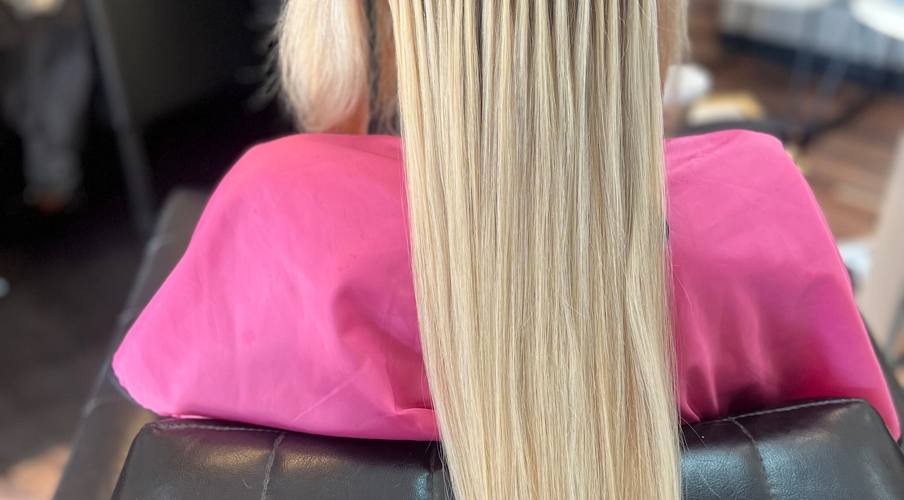 Smooth blonde hair styled at Jazz at Blue Hair Vibes Studio, Temecula, California, US.