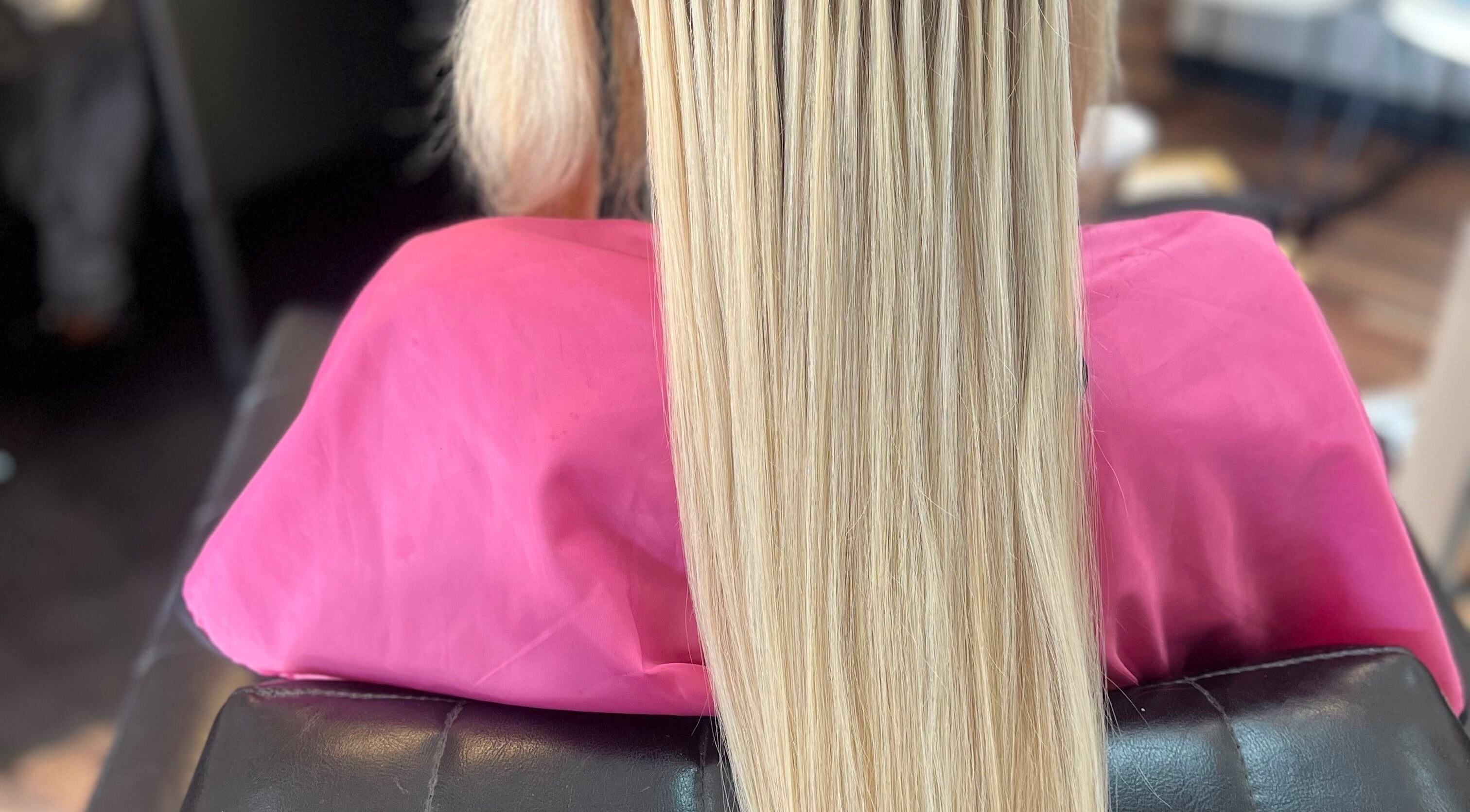 Smooth blonde hair styled at Jazz at Blue Hair Vibes Studio, Temecula, California, US.