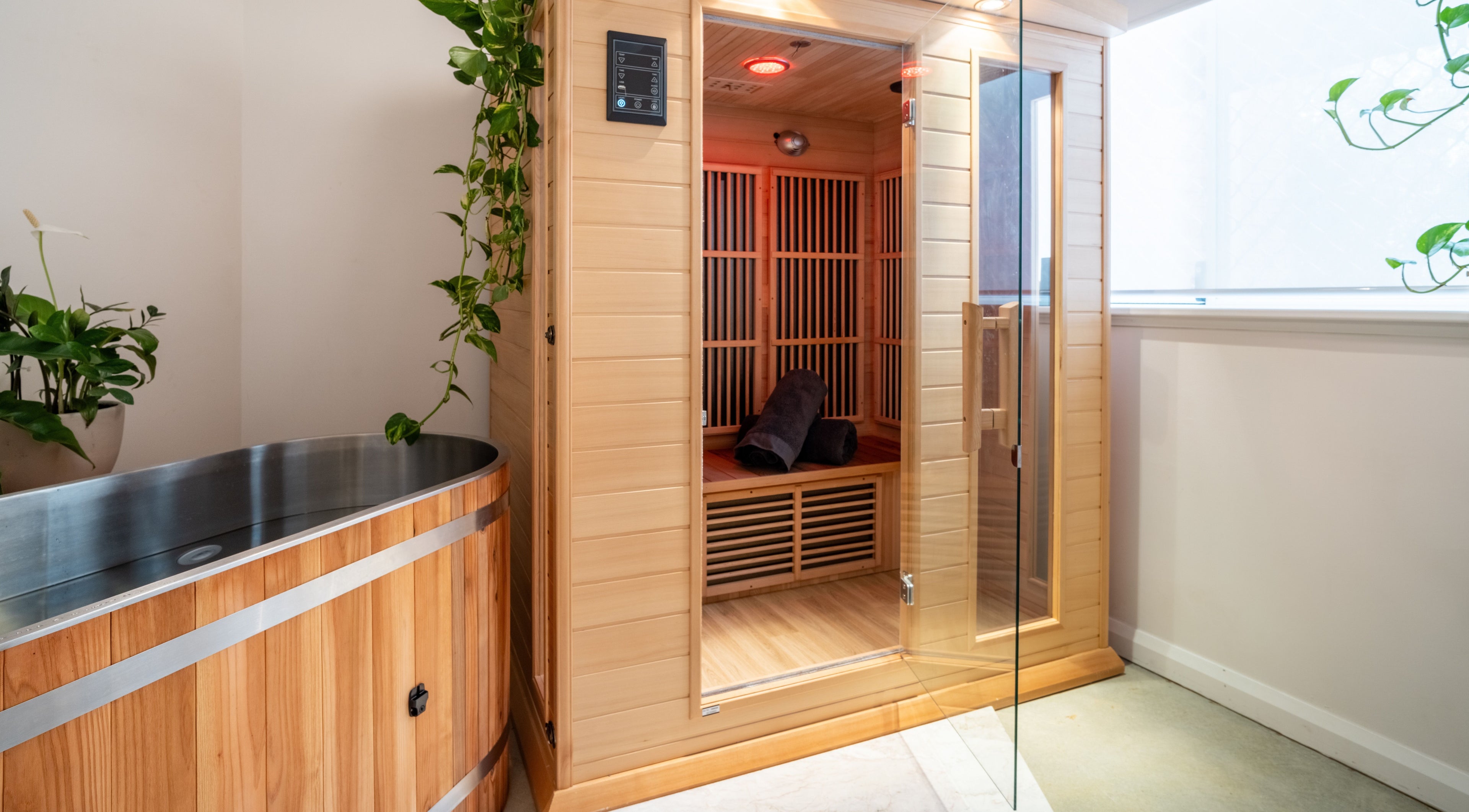 Relaxing sauna and tub at Surskin, Perth, Western Australia, AU, offering a peaceful wellness experience.