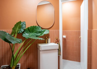 Modern terracotta bathroom at Henosis & Co, Perth, Western Australia, AU with lush plant and sleek vanity.