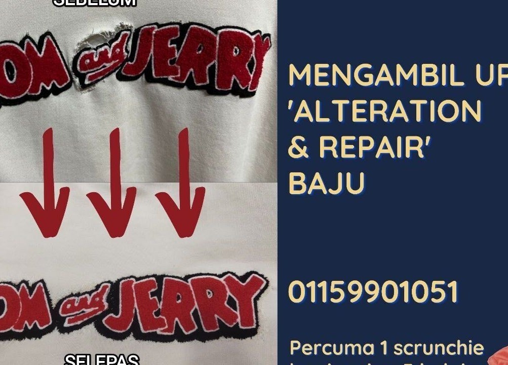 T-shirt before and after repair at Heartfitted Sewing and Alterations, Kuching, Sarawak, MY.