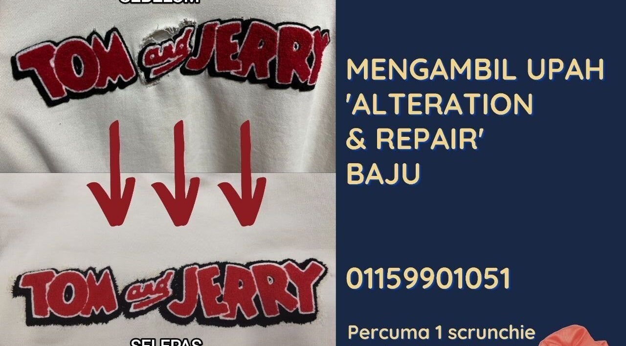T-shirt before and after repair at Heartfitted Sewing and Alterations, Kuching, Sarawak, MY.