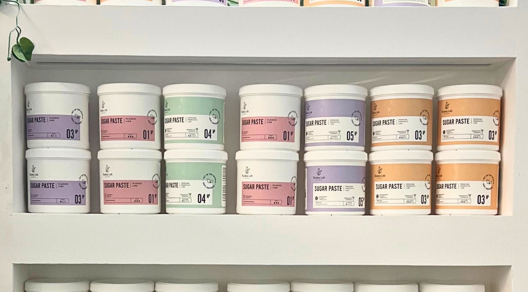 Shelves of sugar paste at Sacchair 肌蜜轩(Sugaring Parlour), Hougang, Singapore, SG.