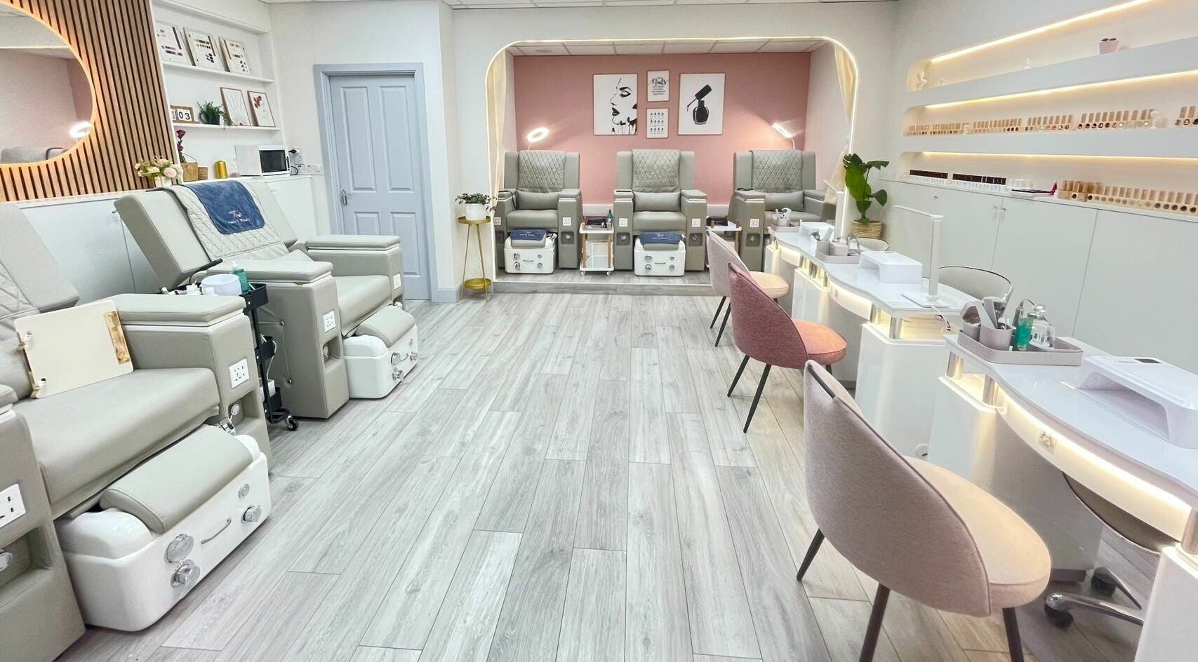 Elegant interior of Truli Nails Beauty, Dublin, County Dublin, IE, showcasing stylish nail and pedicure stations.