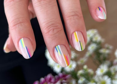 Colorful striped nail art at Russian Manicure. Awesome Nail Studio, New York, New York, US.