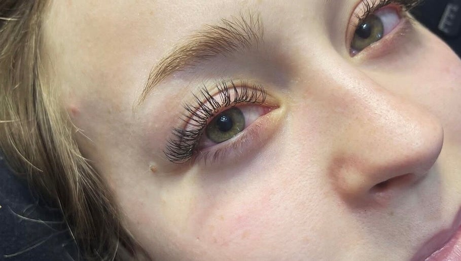 Close-up of enhanced eyelashes from Shoreline Spa, Langton, Ontario, CA showcasing meticulous lash work.