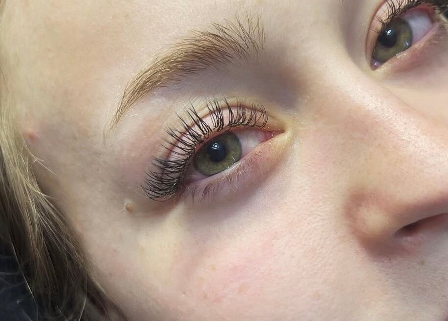 Close-up of enhanced eyelashes from Shoreline Spa, Langton, Ontario, CA showcasing meticulous lash work.