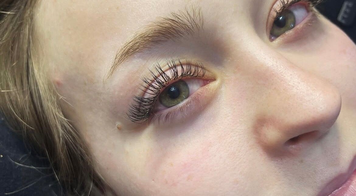 Close-up of enhanced eyelashes from Shoreline Spa, Langton, Ontario, CA showcasing meticulous lash work.