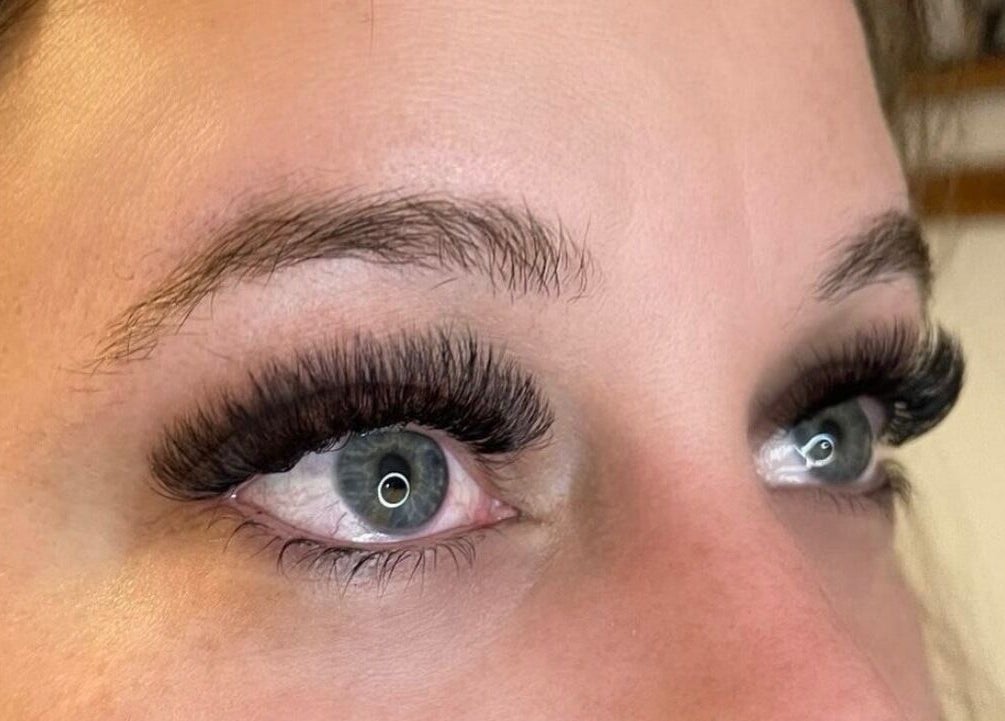 Close-up of woman's eyes with voluminous lashes at Shoreline Spa, Langton, Ontario, CA.