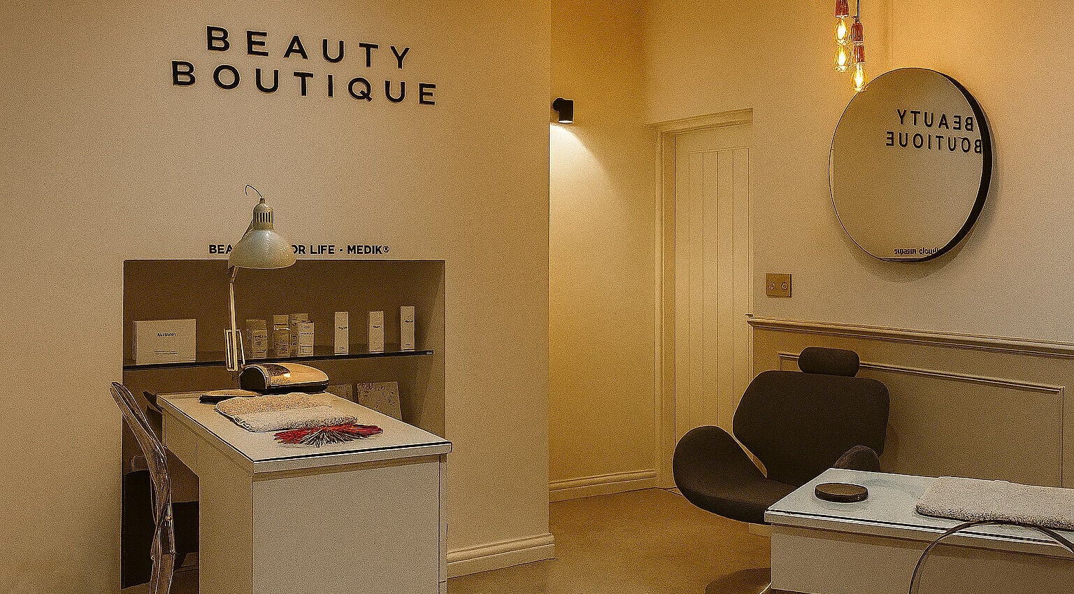 Tranquil interior of Beauty Boutique, Denby Dale, England. Features a modern chair and beauty products.