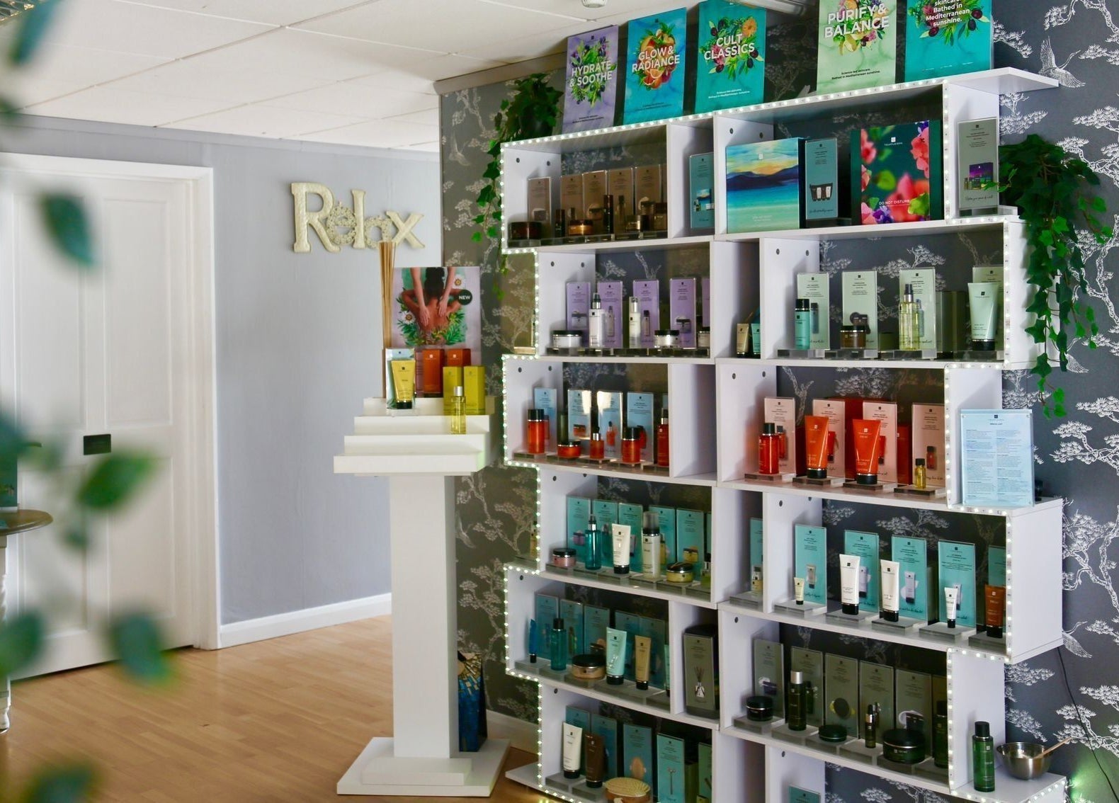Product display at Clowance Spa, Clowance Estate, Camborne, England, GB, featuring relaxing spa items.