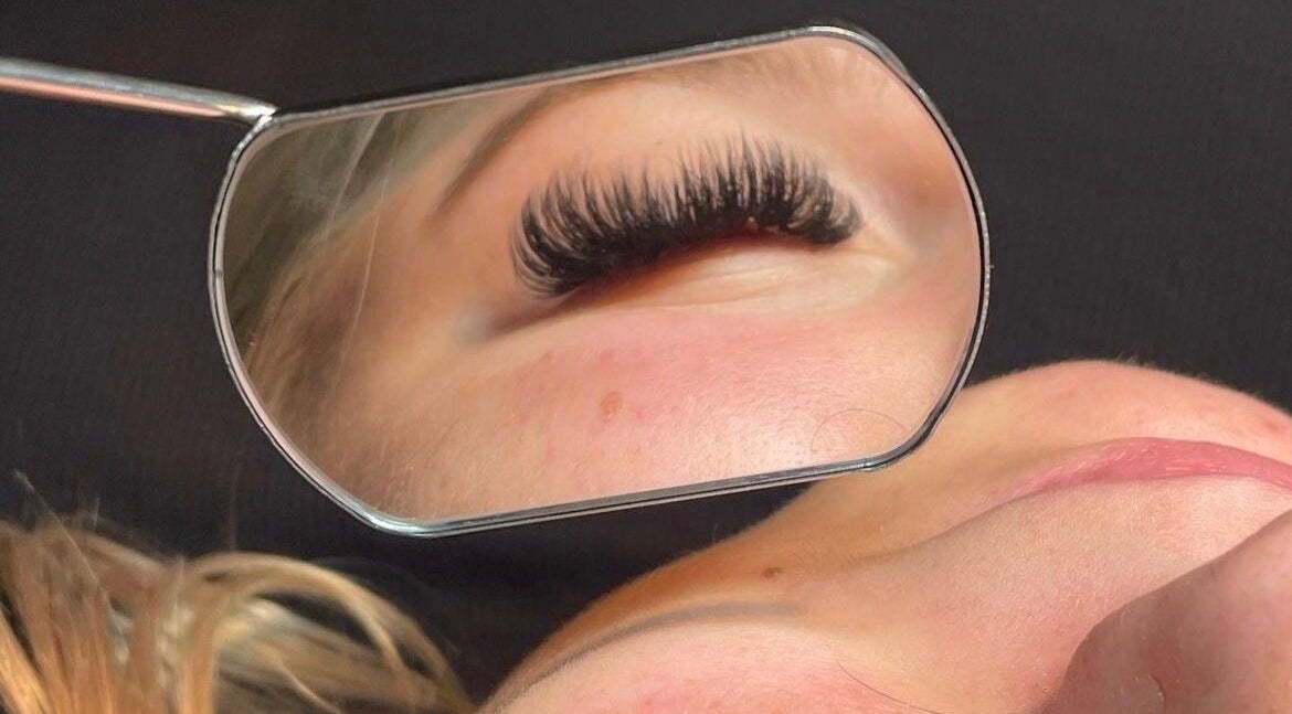 Close-up of eyelash extension application at Lashes by Lil, Heanor, England, GB.