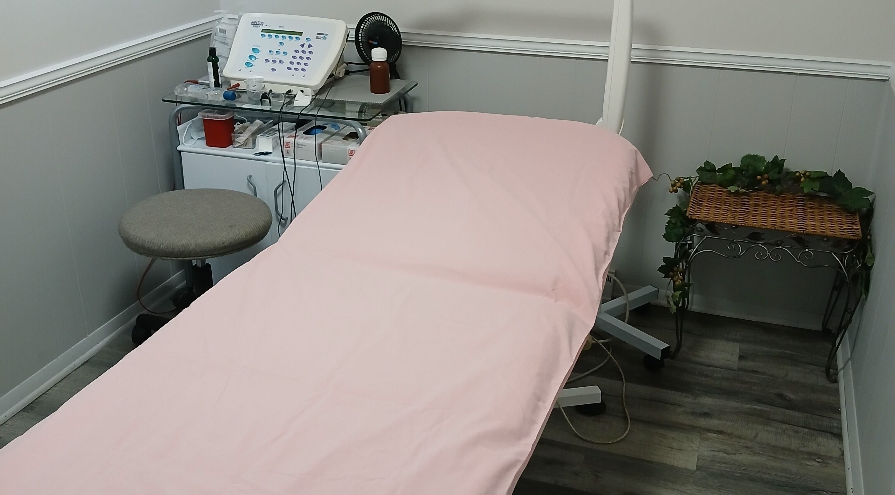 Cozy treatment room at Unicorn Electrolysis, Columbus, Ohio, US, featuring a pink-covered bed.