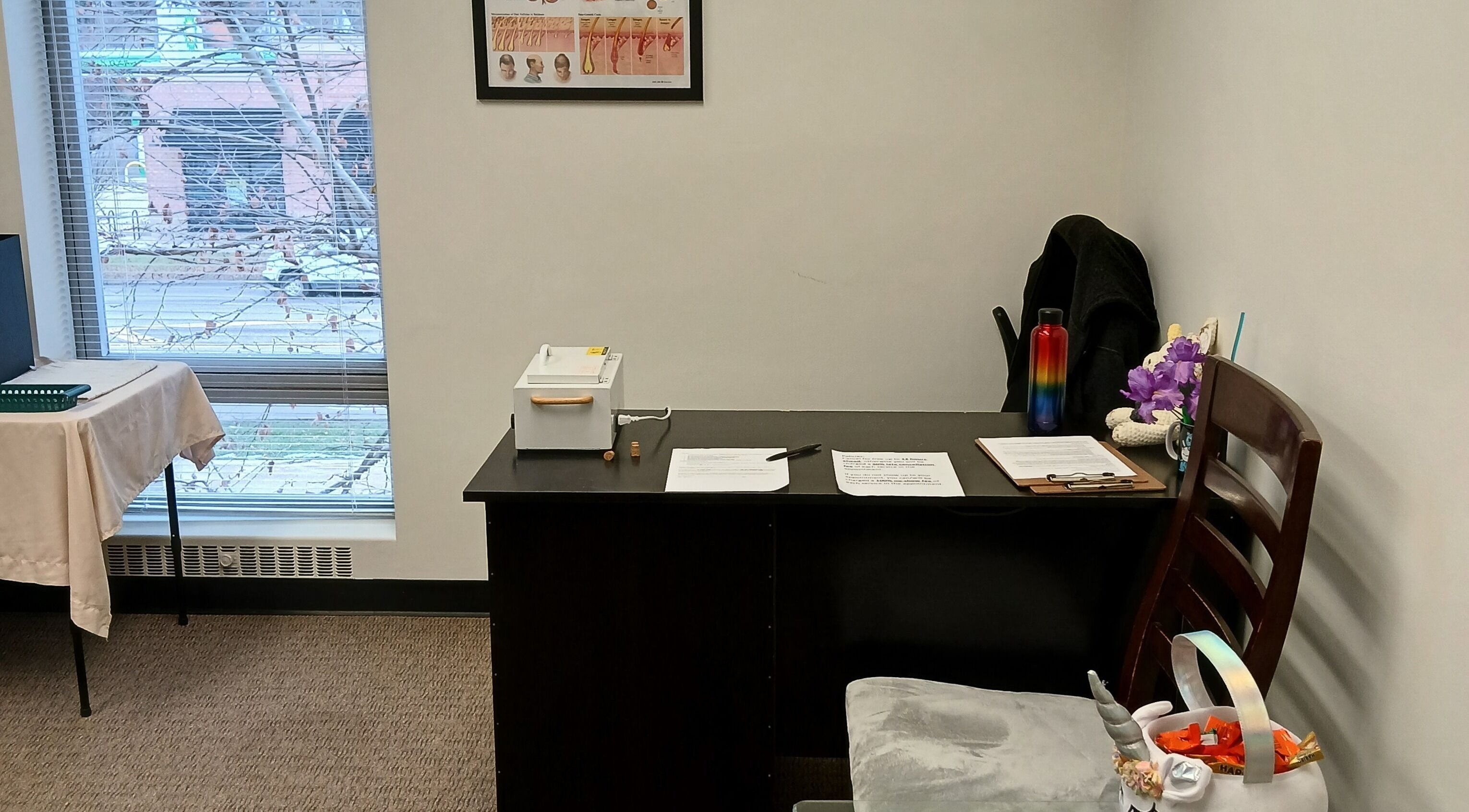 Inviting workspace at Unicorn Electrolysis, Columbus, Ohio, US, showcasing a neat desk and window view.